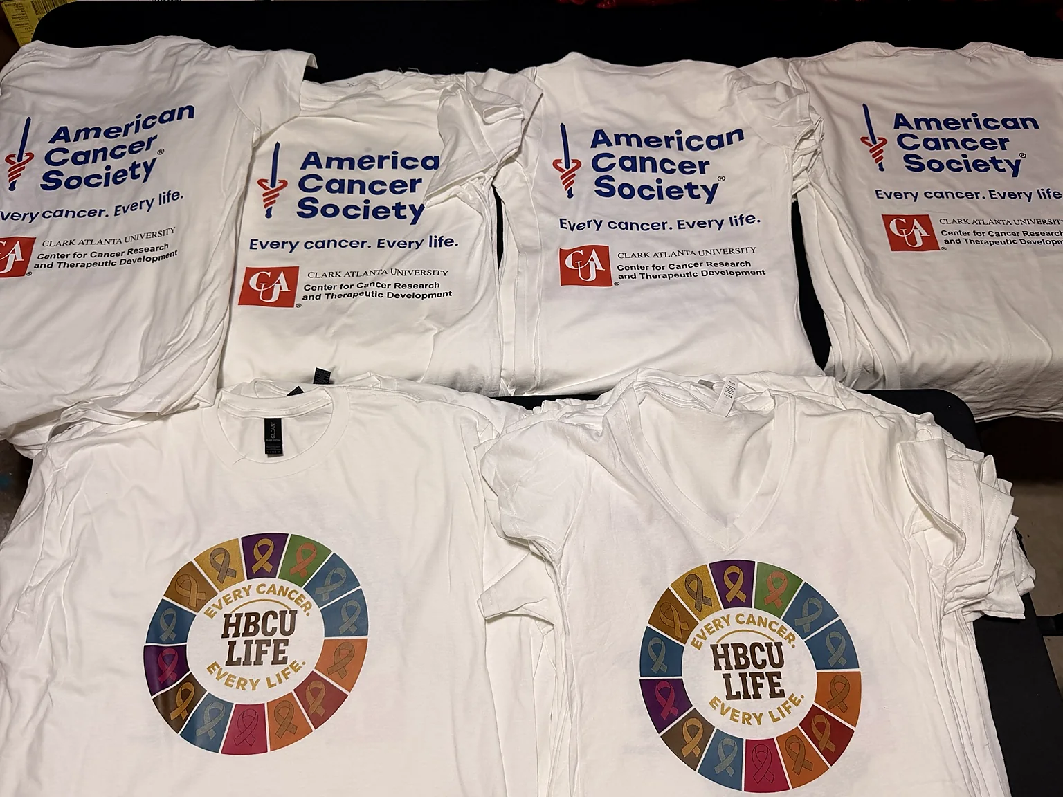 White American Cancer Society and HBCU Life awareness shirts