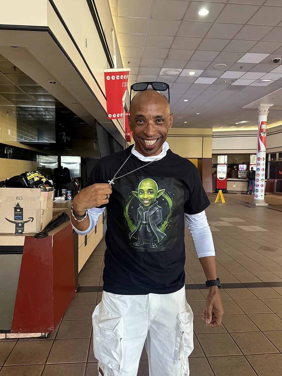 Customer wearing a black personalized character shirt